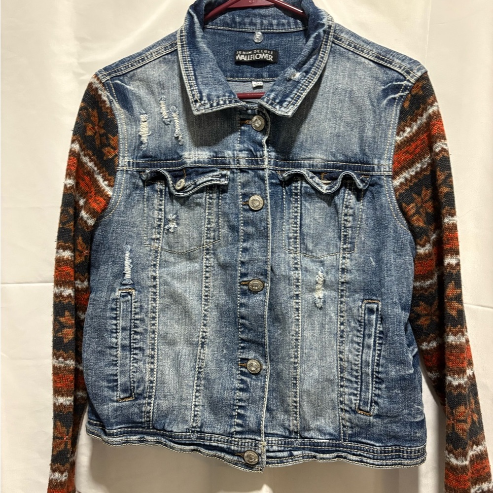 Wallflower Blue Denim Jacket with Patterned Sleeves Unique, No callouts.